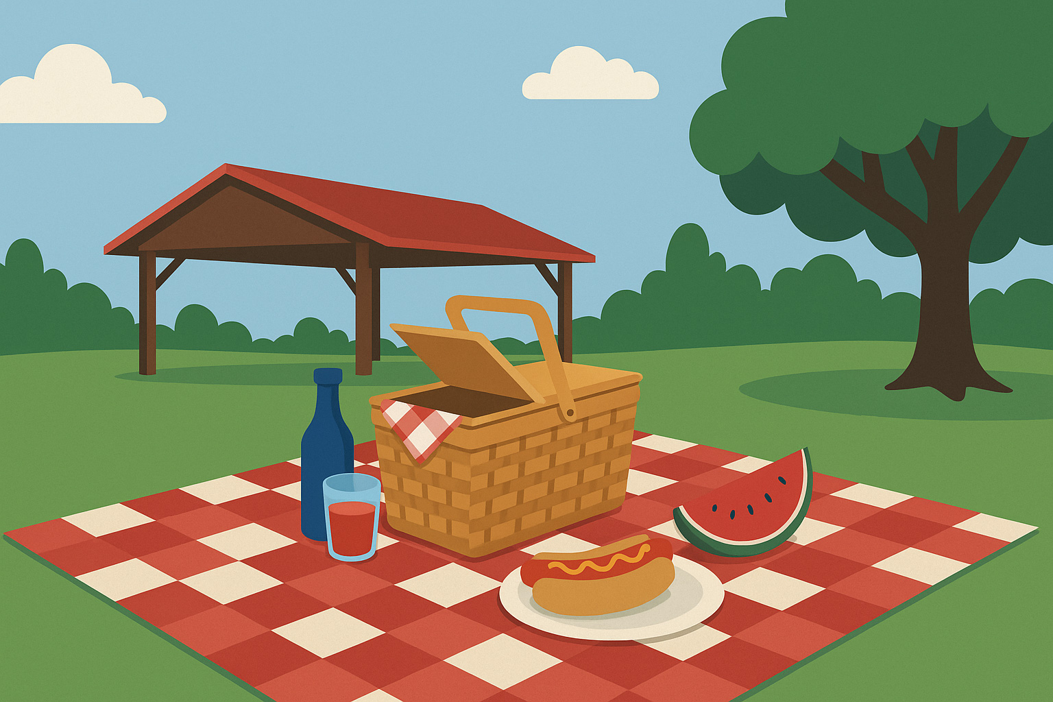 Graphic of a picnic scene with a checkered blanket, picnic basket, watermelon, a hot dog and wine. | Kiwanis Club of Bradford | Annual Picnic