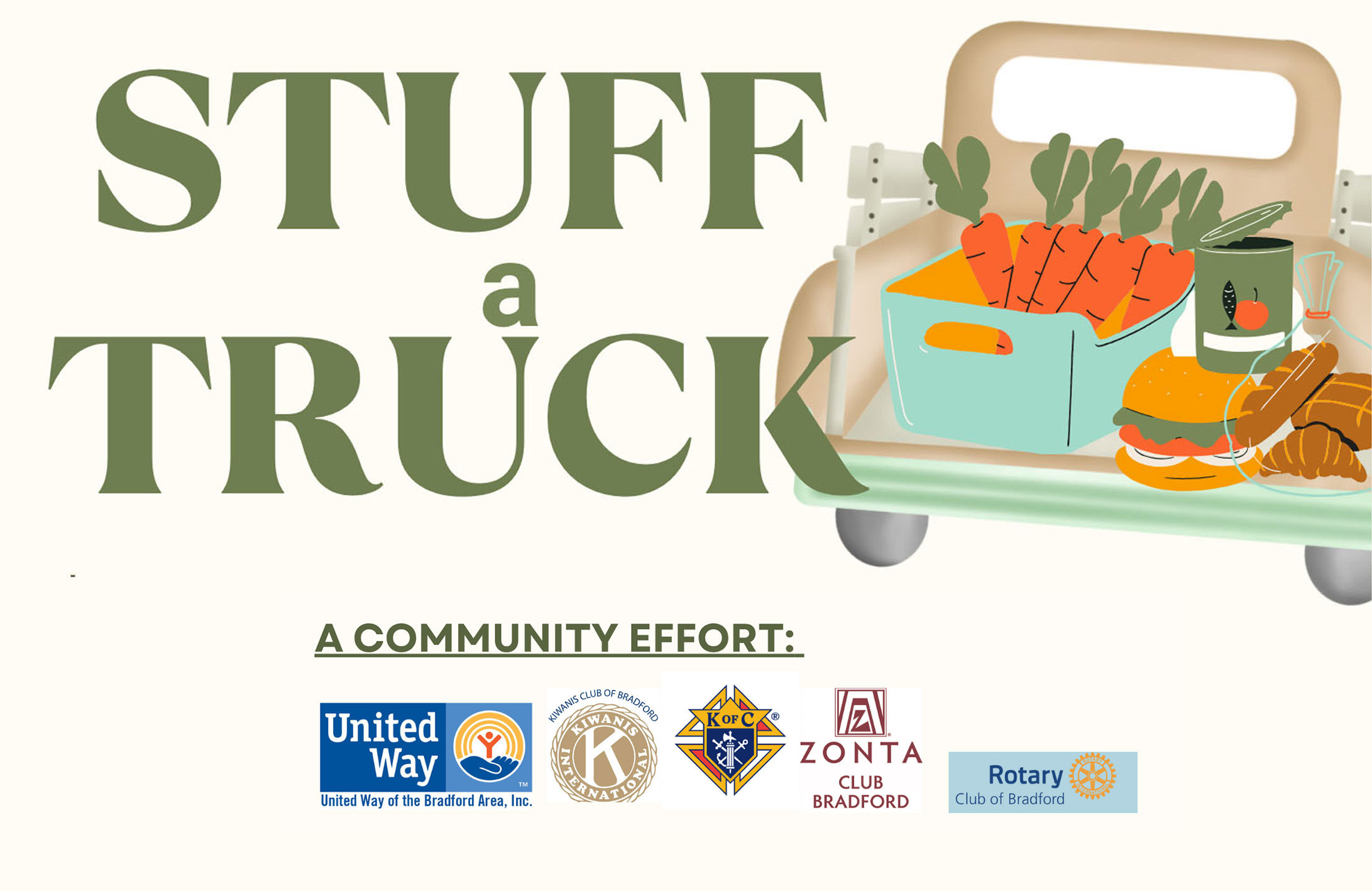 Graphic image of a Truck full of food. Text: Stuff-a-Truck | Kiwanis Club of Bradford